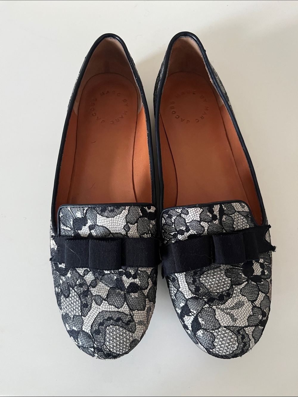 Marc Jacobs Black Lace-Overlay Ribbon Loafers, 37 EU/6.5